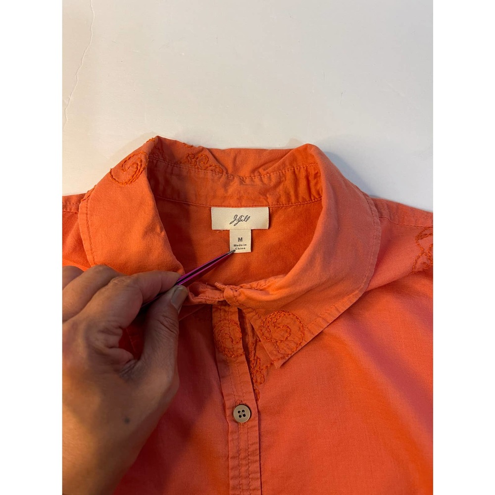 J.Jill Pumpkin All-Over Embroider Button Up Collard Top Blouse Size Med  #4122 - Picture 3 of 10